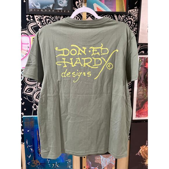 Ed Hardy Y2K Streetwear Dragon Panther Tattoo Short Sleeve Tee Olive Large - Picture 6 of 7